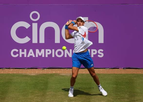 19th June 2024; Cinch Championships, Queens Club, West Kensington, London, England: Cinch Championships Queens Club, Day 3; Matteo Arnaldi (ITA) with a backhand shot to Rinky Hijikata (AUS), mens singles match  ActionPlus12656707 JohnxPatrickxFletcher