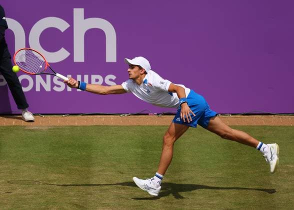 19th June 2024; Cinch Championships, Queens Club, West Kensington, London, England: Cinch Championships Queens Club, Day 3; Matteo Arnaldi (ITA) with a forehand shot to Rinky Hijikata (AUS), mens singles match  ActionPlus12656708 JohnxPatrickxFletcher