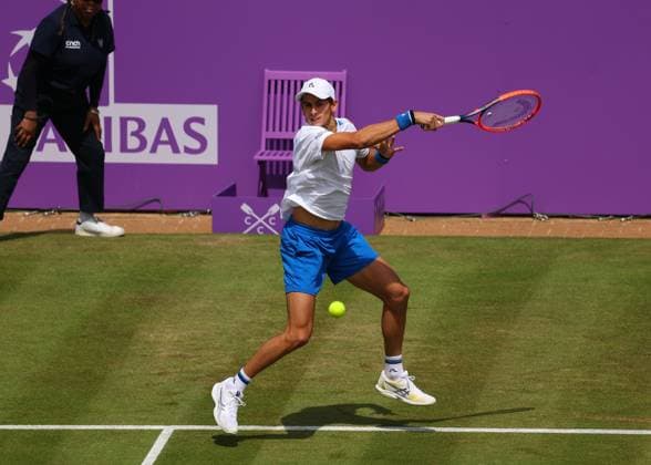 19th June 2024; Cinch Championships, Queens Club, West Kensington, London, England: Cinch Championships Queens Club, Day 3; Matteo Arnaldi (ITA) with a forehand shot to Rinky Hijikata (AUS), mens singles match  ActionPlus12656710 JohnxPatrickxFletcher