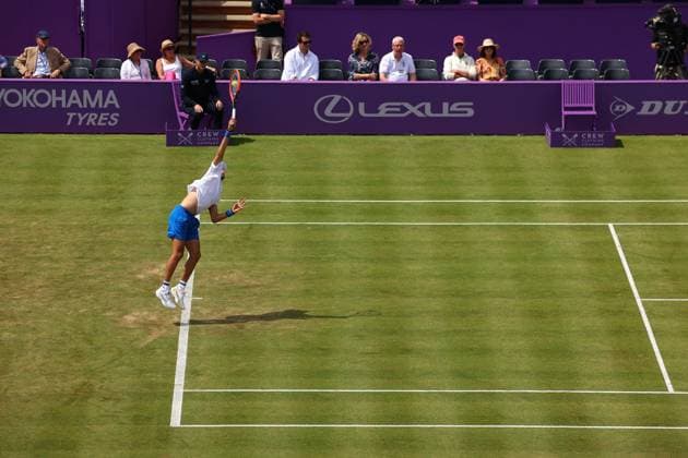 19th June 2024; Cinch Championships, Queens Club, West Kensington, London, England: Cinch Championships Queens Club, Day 3; Matteo Arnaldi (ITA) serves to Rinky Hijikata (AUS), mens singles match  ActionPlus12656715 JohnxPatrickxFletcher