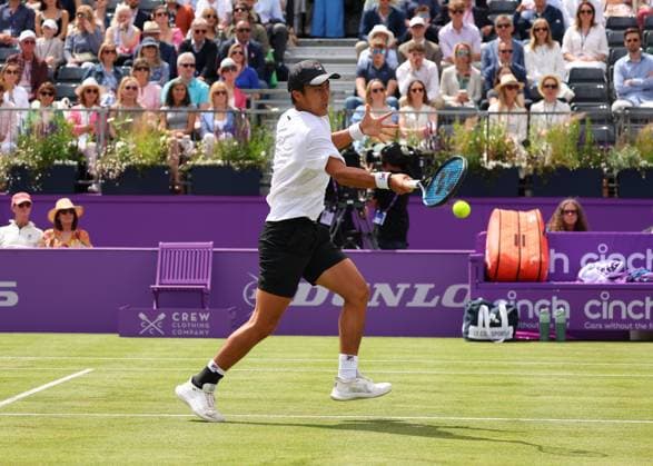 19th June 2024; Cinch Championships, Queens Club, West Kensington, London, England: Cinch Championships Queens Club, Day 3; Rinky Hijikata (AUS) with a forehand shot to Matteo Arnaldi (ITA), mens singles match  ActionPlus12656787 JohnxPatrickxFletcher