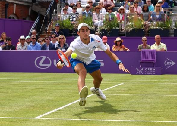 19th June 2024; Cinch Championships, Queens Club, West Kensington, London, England: Cinch Championships Queens Club, Day 3; Matteo Arnaldi (ITA) with a forehand shot to Rinky Hijikata (AUS), mens singles match  ActionPlus12656785 JohnxPatrickxFletcher