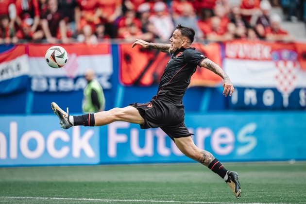 Soccer Men UEFA European Football Championship 2024 Group B Croatia vs Albania 19 06 2024 Qazim Laci 14, Albania cant get to this ball Hamburg Volksparkstadion Hamburg Germany