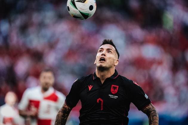 Soccer Men UEFA European Football Championship 2024 Group B Croatia vs Albania 19 06 2024 Rey Manaj 7, Albania with view of the ball Hamburg Volksparkstadion Hamburg Germany