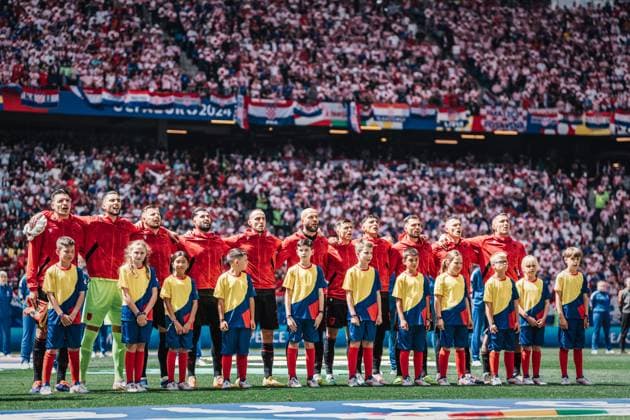 Soccer Men UEFA European Football Championship 2024 Group B Croatia vs Albania 19 06 2024 The national team from Albania during the anthem Hamburg Volksparkstadion Hamburg Germany
