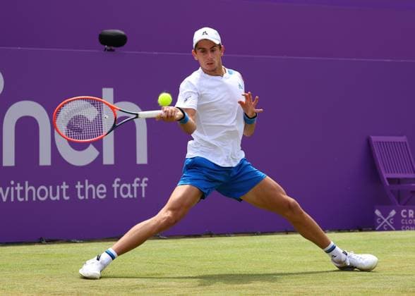 19th June 2024; Cinch Championships, Queens Club, West Kensington, London, England: Cinch Championships Queens Club, Day 3; Matteo Arnaldi (ITA) with a forehand shot to Rinky Hijikata (AUS), mens singles match  ActionPlus12656793 JohnxPatrickxFletcher