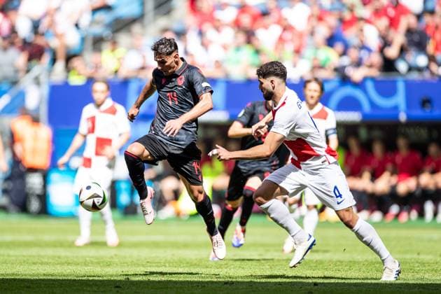 UEFA EURO 2024 Albania Croatia 19 06 2024 Qazim Laci Albania, 14 , Josko Gvardiol Croatia, 4 UEFA EURO 2024 Croatia Albania Volksparkstadion, Hamburg 19 06 2024 Copyright: xBEAUTIFULxSPORTS Buriakovx