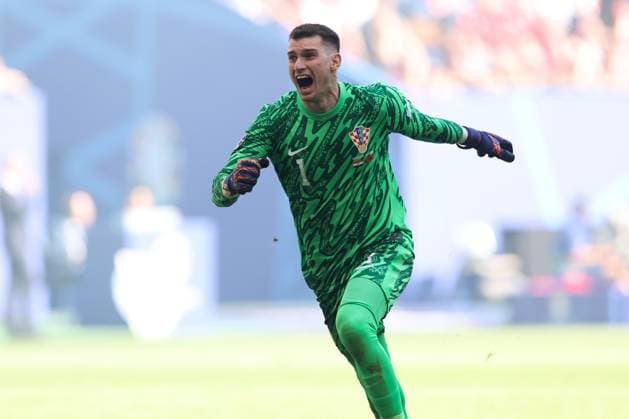 Dominik Livakovic of Croatia celebrates Croatia s second goal Croatia v Albania, UEFA European Championship, EM, Europameisterschaft 2024, Group B, Football, Volksparkstadion, Hamburg, Germany, 19 Jun 2024 EDITORIAL USE ONLY No use with unauthorised audio, video, data, fixture lists, club league logos or live services. Online in-match use limited to 120 images, no video emulation. No use in betting, games or single club league player publications. Copyright: xPaulxCurrie Shutterstockx 14543648bt