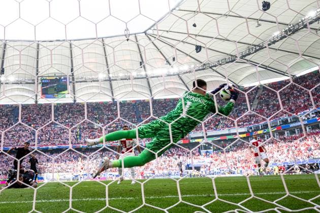 (240619) -- HAMBURG, June 19, 2024 -- Dominik Livakovic, goalkeeper of Croatia, makes a save during the UEFA EURO, EM, Europameisterschaft,Fussball 2024 Group B match between Croatia and Albania in Hamburg, Germany on June 19, 2024. ) (SP)GERMANY-HAMBURG-FOOTBALL-EURO 2024-CROATIA VS ALBANIA XiaoxYijiu 