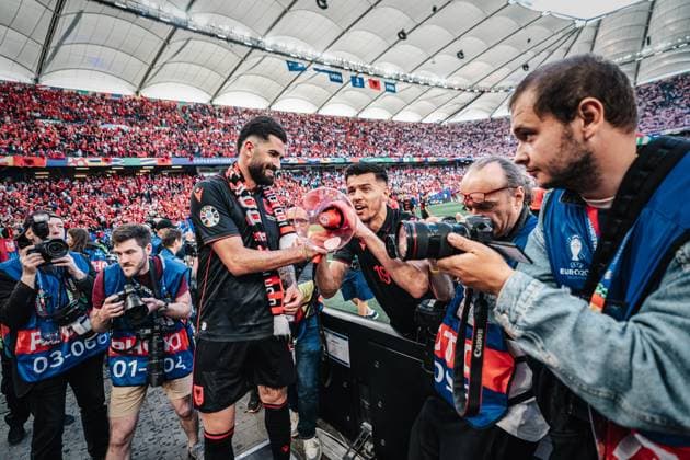Soccer Men UEFA European Football Championship 2024 Group B Croatia vs Albania 19 06 2024 Elseid Hysaj 4, Albania and Mirlind Daku 19, Albania celebrate with the fans after the victory Hamburg Volksparkstadion Hamburg Germany