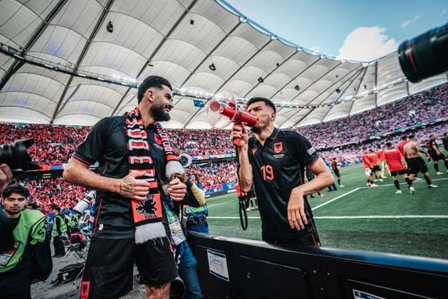 Soccer Men UEFA European Football Championship 2024 Group B Croatia vs Albania 19 06 2024 Elseid Hysaj 4, Albania and Mirlind Daku 19, Albania celebrate with the fans after the victory Hamburg Volksparkstadion Hamburg Germany