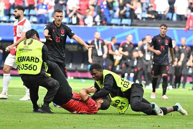 GER, Euro 2024, Group B, Croatia HRV vs Albania ALB 19 06 2024, Volksparkstadion, GER, Euro 2024, Group B, Croatia HRV vs Albania ALB in the picture Feature an Albanian streaker is brought down by the security forces nordphotoxGmbH xWitke nph00002