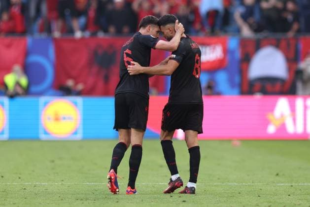Klaus Gjasula of Albania scores the second Albania goal and celebrates with Berat Djimsiti of Albania Croatia v Albania, UEFA European Championship, EM, Europameisterschaft 2024, Group B, Football, Volksparkstadion, Hamburg, Germany, 19 Jun 2024 EDITORIAL USE ONLY No use with unauthorised audio, video, data, fixture lists, club league logos or live services. Online in-match use limited to 120 images, no video emulation. No use in betting, games or single club league player publications. Copyright: xPaulxCurrie Shutterstockx 14543648cx