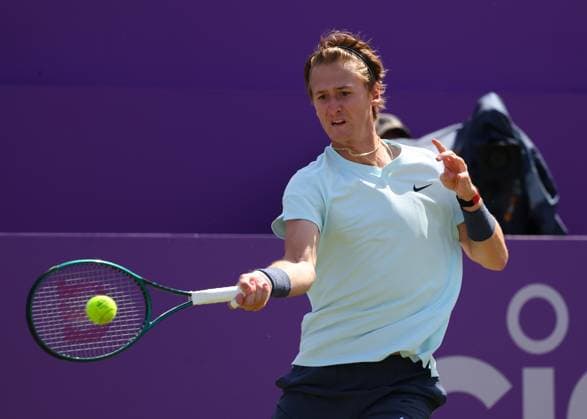 19th June 2024; Cinch Championships, Queens Club, West Kensington, London, England: Cinch Championships Queens Club, Day 3; Sebastian Korda (USA) with a forehand shot to Grigor Dimitrov (BUL), mens singles match  ActionPlus12656816 JohnxPatrickxFletcher
