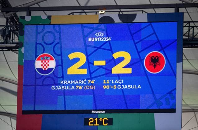Football, men, season 2023 24, Euro 2024 Group B 2 matchday in Hamburg, Croatia Albania, scoreboard with 2 2 final score, 19 06 2024, Copyright: xSebastianxRäppold MatthiasxKochx