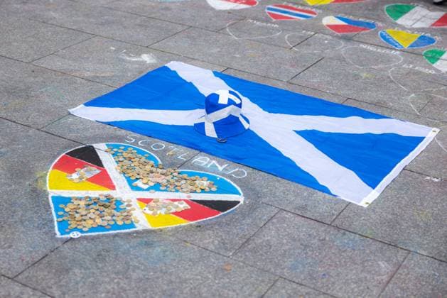 EM24 fan in Cologne, Scotland vs Switzerland Germany, Cologne on 19 06 2024 Floor painting at Cologne main station with Scotland and German flags in a heart shape