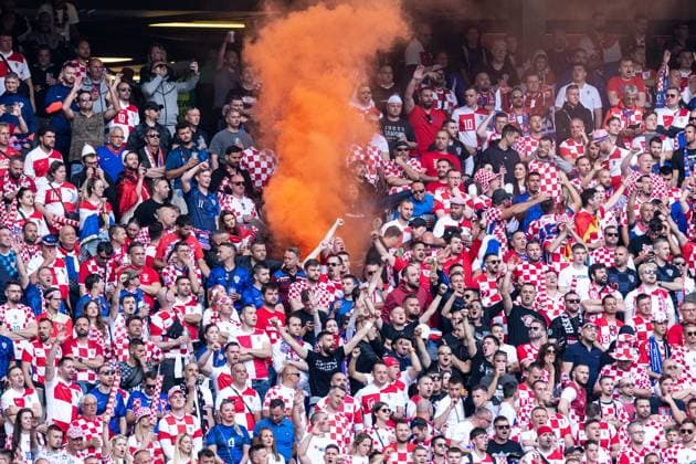 UEFA EURO 2024 Albania Croatia 19 06 2024 Fans of Croatia, flag of Ukraine, pyrotechnics UEFA EURO 2024 Croatia Albania Volksparkstadion, Hamburg 19 06 2024 Copyright: xBEAUTIFULxSPORTS Buriakovx