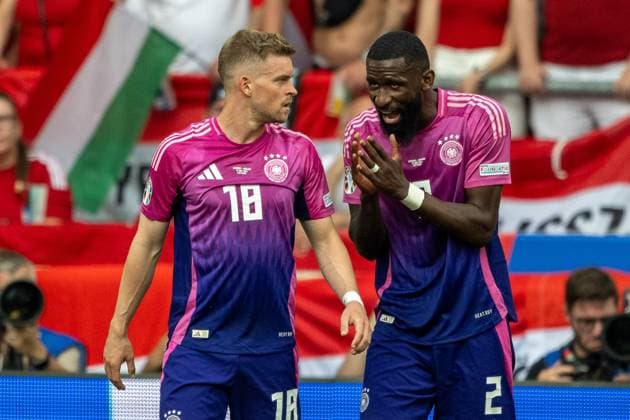 Maximilian Mittelstaedt Germany 18 and Antonio Ruediger Germany 02 after goal for 1 0 by Jamal Musiala Germany 10 , GER, Germany GER vs Hungary HUN , European Football Championship, UEFA EURO 2024, Group A, Matchday 2, 19 06 2024, GER, Germany GER vs Hungary HUN , European Football Championship, UEFA EURO 2024, Group A, Matchday 2, 19 06 2024 Stuttgart Copyright: xEibner-Pressefoto SaschaxWaltherx EP_EER
