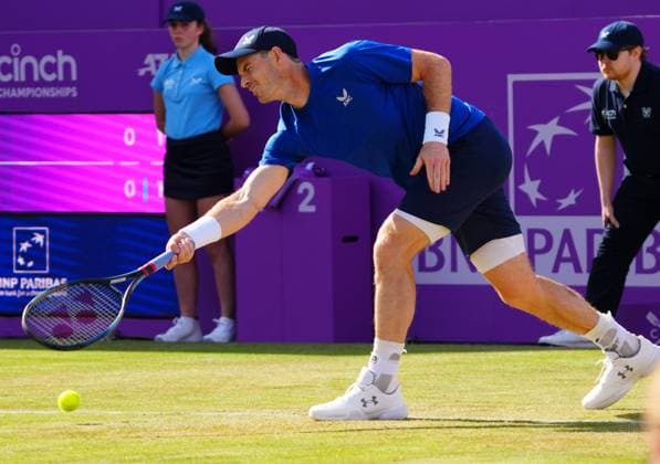 Andy Murray unable to move, misses a routine forehand and is forced to retire with an injury in the first set Cinch Championships, Day 3, Tennis, Queen s Club, London, UK - 19 June 2024  Copyright: xJavierxGarcia Shutterstockx 14543332o