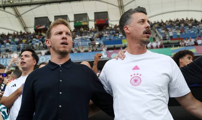 Coach Julian Nagelsmann and co-coach Sandro Wagner sing anthem Sport Football Soccer European Championship Euro 2024 European Championship Men Season 2023 2024 19 06 2024 Germany GER vs Hungary HUN in Stuttgart DFL regulations prohibit any use of photographs as image sequences and or quasi video