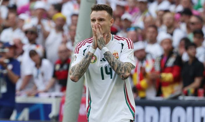 Bendeguz Bolla disappointed after missed goal chance Disappointment Sport Football Soccer European Championship Euro 2024 European Championship Men Season 2023 2024 19 06 2024 Germany GER vs Hungary HUN in Stuttgart DFL regulations prohibit any use of photographs as image sequences and or quasi video