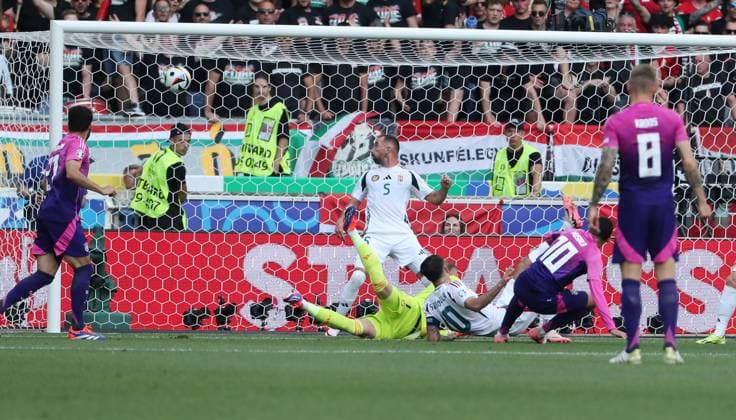 Jamal Musiala scores the 1-0 goal against goalkeeper Peter Gulacsi Sport Football Soccer European Championship Euro 2024 European Championship Men Season 2023 2024 19 06 2024 Germany GER vs Hungary HUN in Stuttgart DFL regulations prohibit any use of photographs as image sequences and or quasi video
