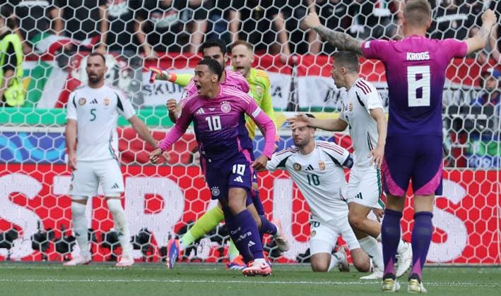 Jamal Musiala cheers after 1 0 joy emotion jubilation Sport Football Soccer European Championship Euro 2024 European Championship Men Season 2023 2024 19 06 2024 Germany GER vs Hungary HUN in Stuttgart DFL regulations prohibit any use of photographs as image sequences and or quasi video