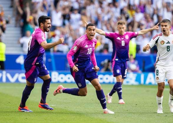 Stuttgart, MHP Arena, 19 06 2021 Jamal Musiala of germany M celebrates scoring the 1 0 goal with Ilkay Guendogan of germany during the match UEFA European Championship 2024 Germany v Hungary