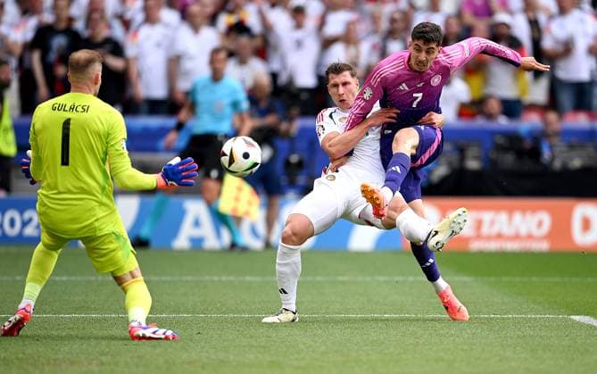 Soccer Euro 2024 Group A 19 06 2024 Germany Hungary Goalkeeper Peter Gulacsi left, Hungary vs Willi Orban center, Hungary vs Kai Havertz right, Germany