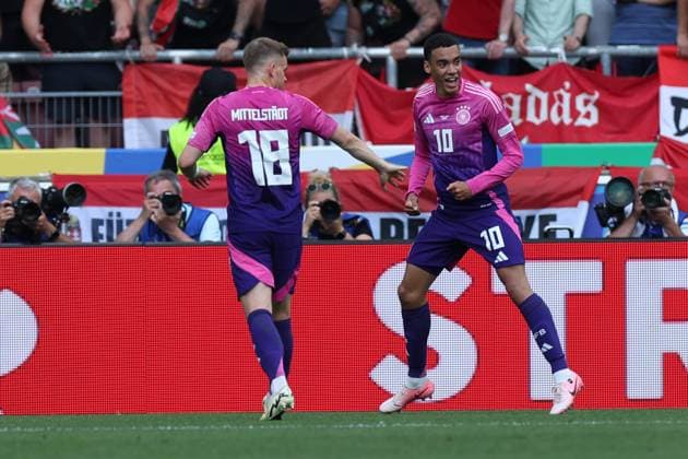 Soccer UEFA EURO 2024 Group Stage 2 Matchday Germany Hungary on 19 06 2024 at Stuttgart Arena in Stuttgart Goal celebration for 1 0 by Jamal Musiala Germany xMSx