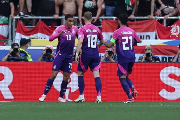 Soccer UEFA EURO 2024 Group Stage 2 Matchday Germany Hungary on 19 06 2024 at Stuttgart Arena in Stuttgart Goal celebration for 1 0 by Jamal Musiala Germany xMSx