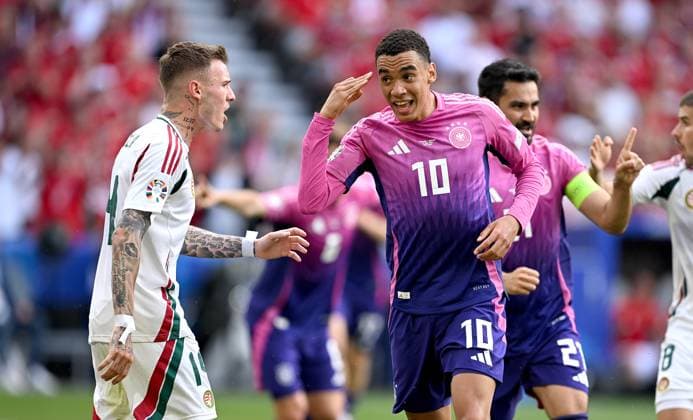 Soccer Euro 2024 Group A 19 06 2024 Germany Hungary Cheers Germany after scorer Jamal Musialas 1-0 goal re Disappointment at Bendeguz Bolla li , Hungary