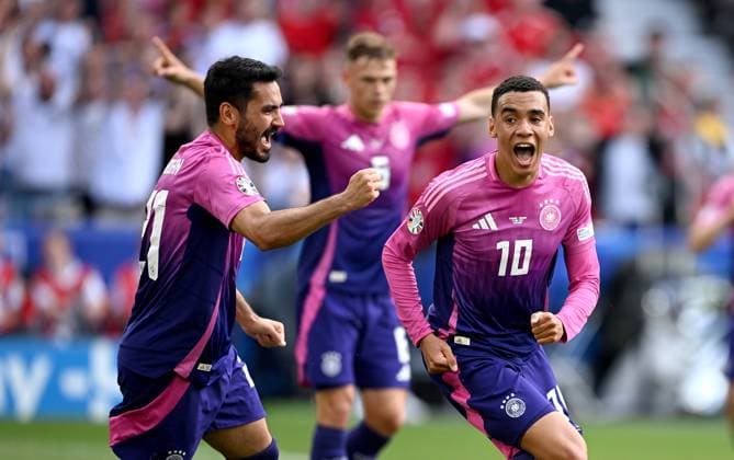 Soccer Euro 2024 Group A 19 06 2024 Germany Hungary Cheering Germany after the goal to 1 0 by goal scorer Jamal Musiala right and Ilkay Guendogan left