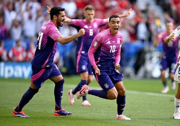 Soccer Euro 2024 Group A 19 06 2024 Germany Hungary Cheering Germany after the goal to 1 0 by goal scorer Jamal Musiala right and Ilkay Guendogan left
