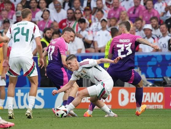 19 06 2024, Stuttgart Arena, Stuttgart, GER, EM UEFA 2024, Group A, Germany vs Hungary, pictured Marton Dardai Hungary , Florian Wirtz Germany , Roland Sallai Hungary , Robert Andrich Germany Defodi 506 20240619 hbr 2855 Defodi-506