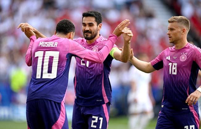 Football Euro 2024 Group A 19 06 2024 Germany Hungary Germany Germany celebrating after the 1-0 goal by scorer Jamal Musiala with Ilkay Guendogan and Maximilian Mittelstaedt from left