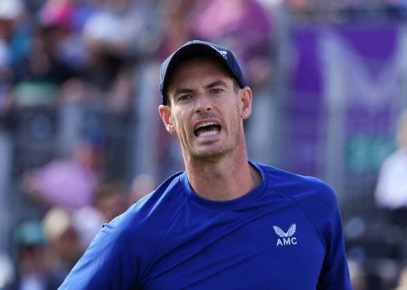 19th June 2024; Cinch Championships, Queens Club, West Kensington, London, England: Cinch Championships Queens Club, Day 3; Andy Murray (GBR) shouting to his coaches about a injury picked up during the first set in his mens singles match against Jordan Thompson (AUS)  ActionPlus12656935 JohnxPatrickxFletcher