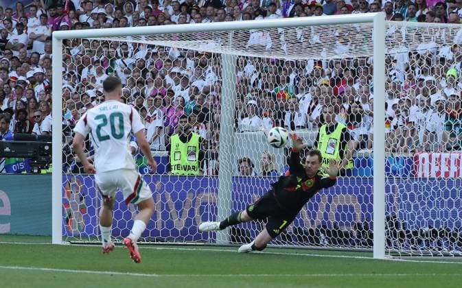Roland Sallai scores an offside goal against goalkeeper Manuel Neuer Sport Football Soccer European Championship Euro 2024 European Championship Men Season 2023 2024 19 06 2024 Germany GER vs Hungary HUN in Stuttgart DFL regulations prohibit any use of photographs as image sequences and or quasi video