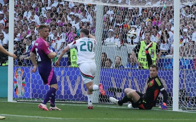 Roland Sallai scores an offside goal against goalkeeper Manuel Neuer Sport Football Soccer European Championship Euro 2024 European Championship Men Season 2023 2024 19 06 2024 Germany GER vs Hungary HUN in Stuttgart DFL regulations prohibit any use of photographs as image sequences and or quasi video