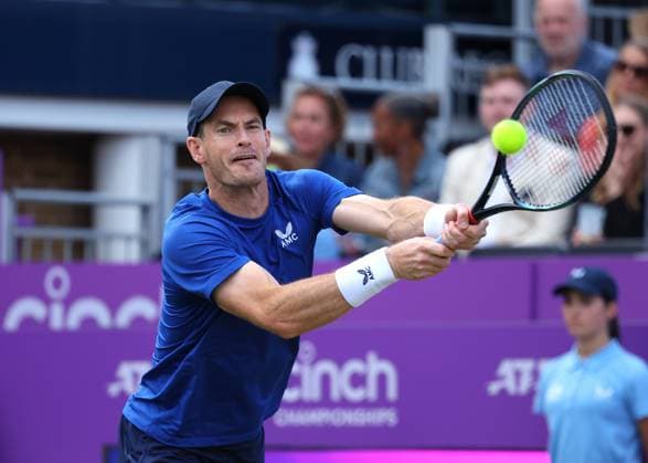 19th June 2024; Cinch Championships, Queens Club, West Kensington, London, England: Cinch Championships Queens Club, Day 3; Andy Murray (GBR) with a backhand shot to Jordan Thompson (AUS), mens singles match  ActionPlus12656924 JohnxPatrickxFletcher