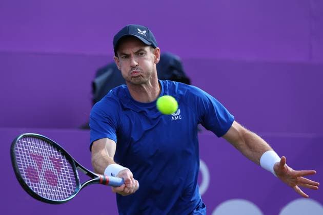 19th June 2024; Cinch Championships, Queens Club, West Kensington, London, England: Cinch Championships Queens Club, Day 3; Andy Murray (GBR) with a forehand shot to Jordan Thompson (AUS), mens singles match  ActionPlus12656930 JohnxPatrickxFletcher