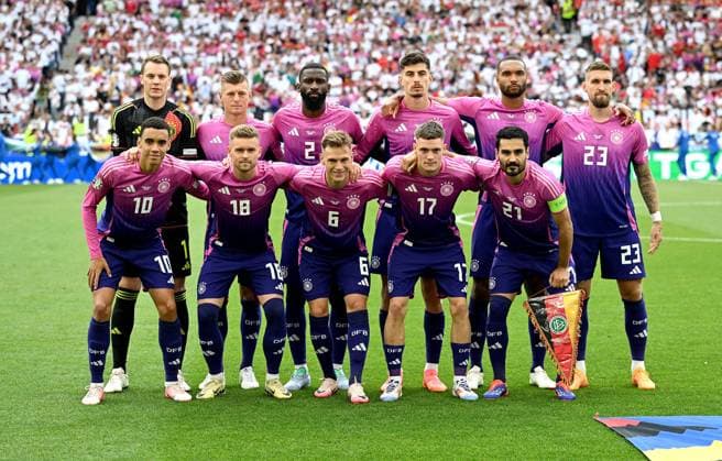 Football Euro 2024 Group A 19 06 2024 Germany Hungary Germany team photo, from top left, goalkeeper Manuel Neuer, Toni Kroos, Antonio Ruediger, Kai Havertz, Jonathan Tah, Robert Andrich, from bottom left, Jamal Musiala , Maximilian Mittelstaedt, Joshua Kimmich, Florian Wirtz , Ilkay Guendogan
