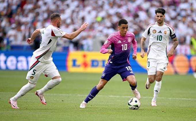 Football Euro 2024 Group A 19 06 2024 Germany Hungary Attila Fiola left, Hungary v Jamal Musiala center, Germany v Dominik Szoboszlai right, Hungary