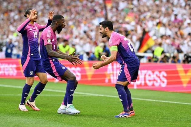 Euro 2024 Germany Hungary on 19 06 2024 at the MHPArena in Stuttgart Ilkay Gündogan Guendogan Germany celebrates after his goal for 2 0 with Antonio Rüdiger Ruediger Germany MT