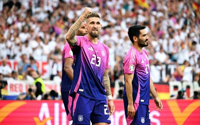 Football, European Championship, EURO 2024, Group A, MHP Arena Stuttgart Germany Hungary Cheering Ilkay Gündogan GER after his 2-0 goal, together with Robert Andrich GER Cheering, joy, action