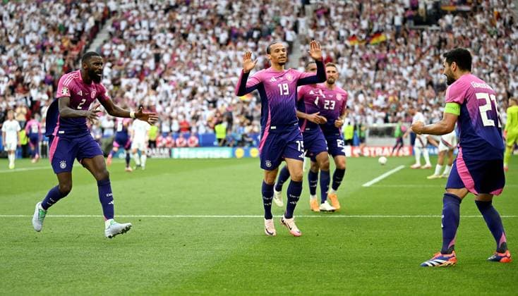 Football Euro 2024 Group A 19 06 2024 Germany Hungary Germany Cheering after the goal for 2 0, Antonio Ruediger, Leroy Sane and goal scorer Ilkay Guendogan from left