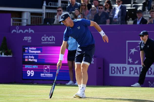 19th June 2024; Cinch Championships, Queens Club, West Kensington, London, England: Cinch Championships Queens Club, Day 3; Andy Murray (GBR) in visible pain after serving to Jordan Thompson (AUS) during the first set, mens singles match  ActionPlus12656937 JohnxPatrickxFletcher