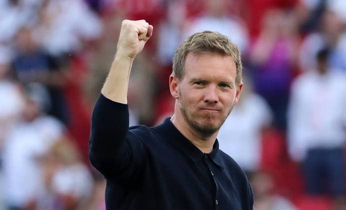 Coach Julian Nagelsmann cheers after the end of the match Joy Emotion Cheering Sport Football Soccer European Championship Euro 2024 European Championship Men Season 2023 2024 19 06 2024 Germany GER vs Hungary HUN in Stuttgart DFL regulations prohibit any use of photographs as image sequences and or quasi video