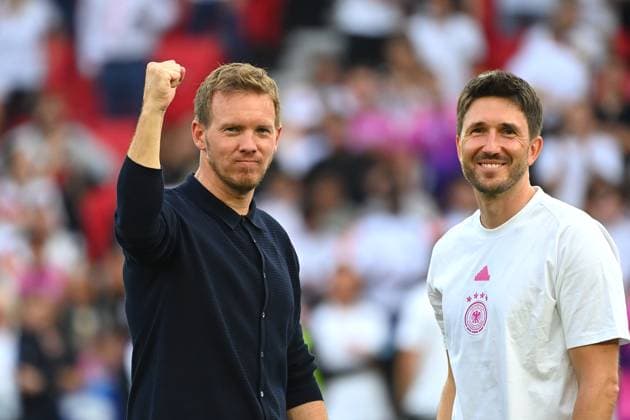 National coach Julian NAGELSMANN GER with Benjamin GLUECK Co coach ,Final cheer Group A Germany GER Hungary HUN 2 0 on 19 06 2024, Stuttgart Arena Football UEFA EURO 2024 GERMANY from 14 06 2024 14 07 2024