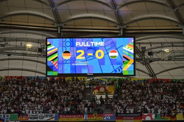 Scoreboard with final score 2 0 Football, men, season 2023 24, Euro 20204 Group A 2 Matchday in Stuttgart, Germany Hungary, v l , 19 06 2024, Copyright: xMatthiasxKochx